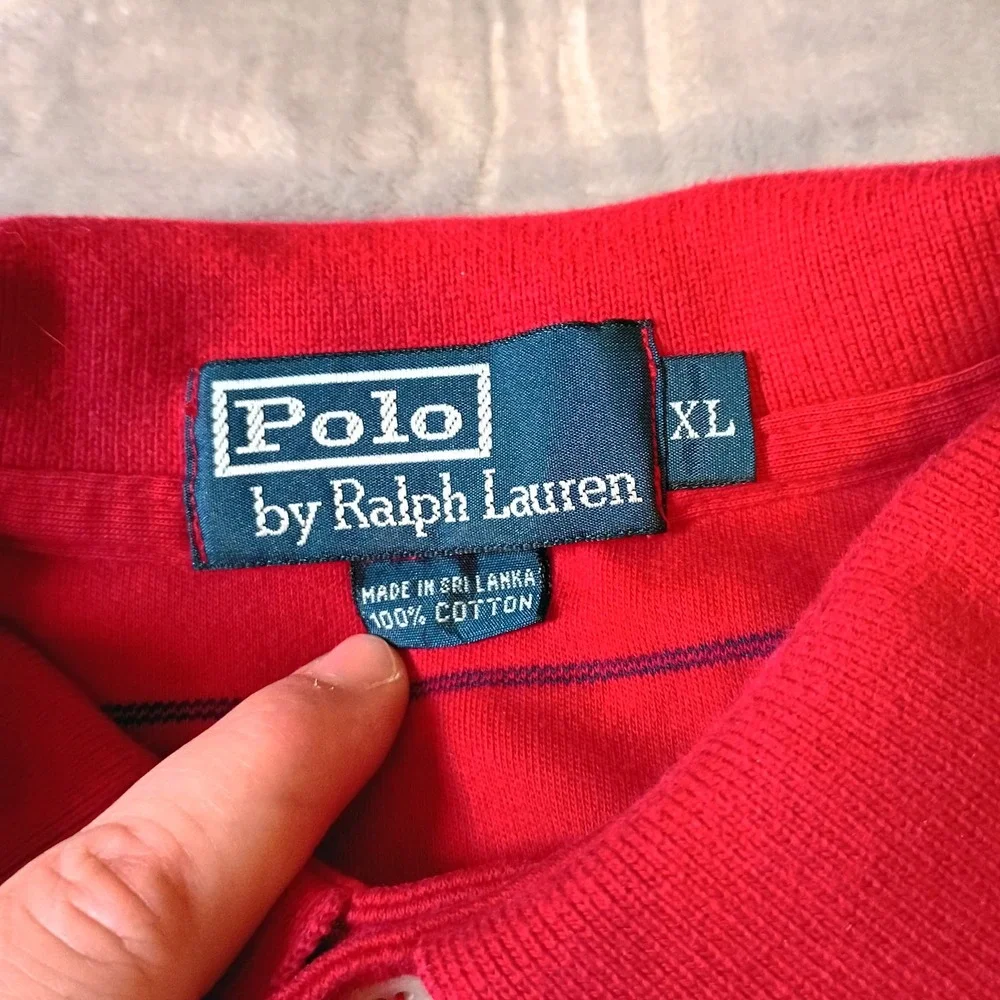 Polo Ralph Lauren Mens XL Red‎ Navy Blue Striped Short Sleeve Cotton Polo Shirt